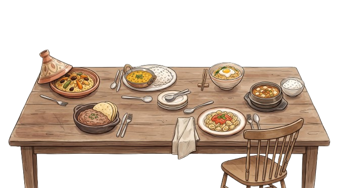 A wooden family table set with dishes from India, Japan, Italy, Mexico, and South Korea, with one empty chair waiting at the table.